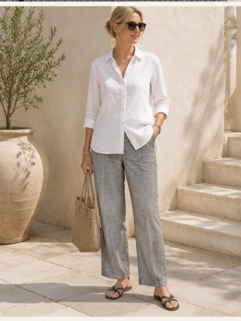 Summer Neutral 100% Linen Chico’s Gray Relaxed Pants 4 Minimalist Quiet Luxury